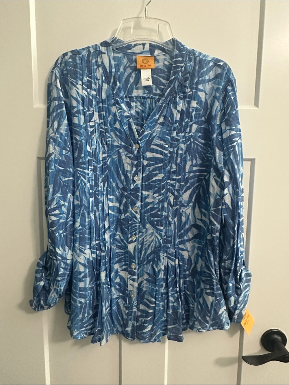 Ruby Rd. Blue Leaf-Print Button Front Shirt